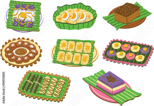Filipino kakanin or rice cakes. Native delicacies, traditional snacks and desserts. Puto bumbong, bibingka, biko, kutsinta, pichi pichi, puto, suman, and sapin sapin. Hand drawn vector illustrations.