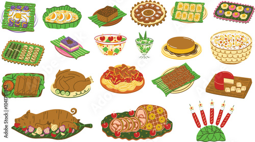 Filipino Christmas feast illustration set. Native delicacies and Filipino style dishes and desserts including spaghetti, lechon, lumpiang shanghai and more. Hand drawn vector illustrations.