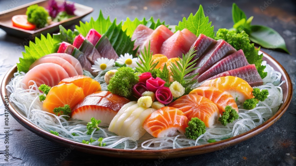 An artful display of assorted sashimi, featuring delicate slices of fresh fish adorned with edible flowers, herbs, and translucent noodles on a rustic wooden plate. An artful display of assorted sashimi, featuring delicate slices of fresh fish adorned with edible flowers, herbs, and translucent noodles on a rustic wooden plate.