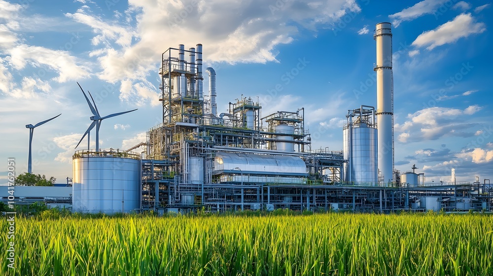 White Biofuel Processing Facility with Wind Turbines in Scenic Landscape White Biofuel Processing Facility with Wind Turbines in Scenic Landscape