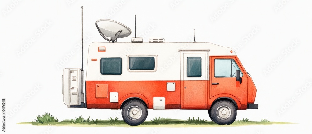 An orange and white mobile broadcast vehicle on a white isolated background. An orange and white mobile broadcast vehicle on a white isolated background.