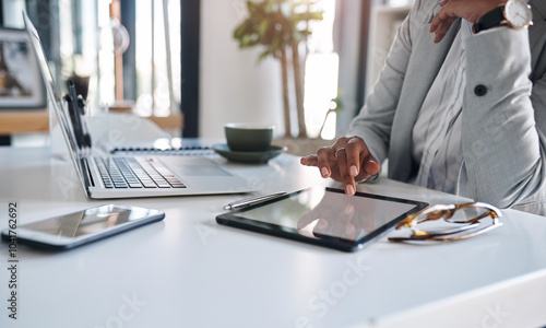 Office, screen or hands of businesswoman on tablet for social media app, networking website or internet. Touchscreen, online or public relations officer on technology for planning or research project