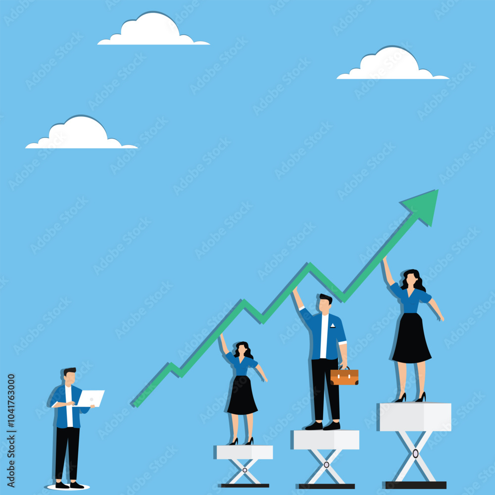 Fototapeta premium Employee team help grow rising arrow chart