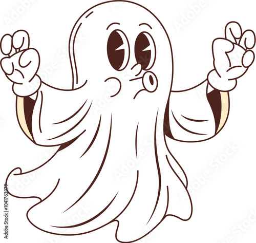 Cartoon groovy Halloween ghost character saying boo. Isolated vector mischievous spook or phantom retro personage floats with raised hands creating eerie vibe. Spectral form celebrate spooky night