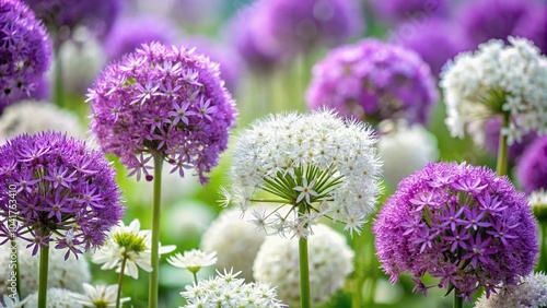 Botanical arrangement of asymmetrical black dahlia, purple alliums, and white phlox flowers