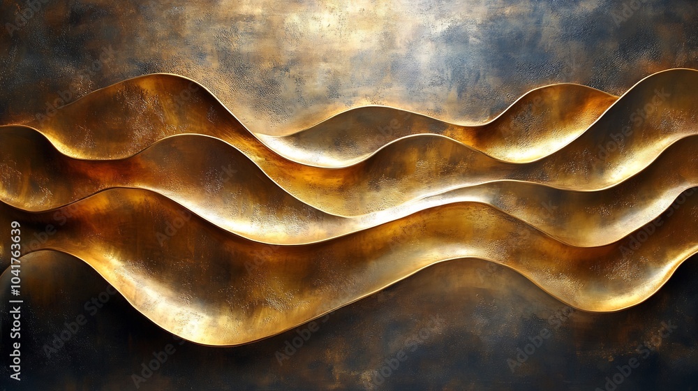 Elegant array of golden wall art pieces with flowing lines and wave patterns complemented by gradient shades capturing a sophisticated look perfect for upscale home or office decor Elegant array of golden wall art pieces with flowing lines and wave patterns complemented by gradient shades capturing a sophisticated look perfect for upscale home or office decor