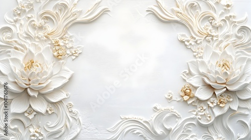 Ornate White Thai Mural-Inspired Decorative Background with Soft Aesthetic Floral Patterns and Copy