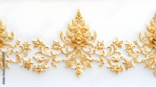 Ornate Golden Thai Ornament Borders on White Background with Clean Copy Space