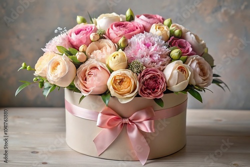 Fototapeta Naklejka Na Ścianę i Meble -  Bouquet of peonies and roses in luxury round present box