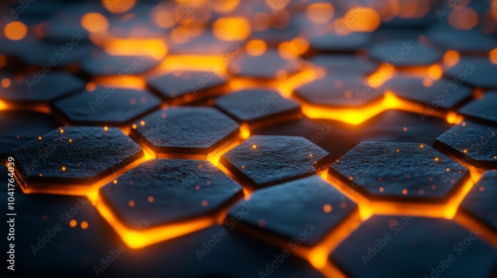 A close-up view reveals hexagonal tiles illuminated by glowing orange light, creating a captivating contrast against a dark background, suggesting heat or lava. A close-up view reveals hexagonal tiles illuminated by glowing orange light, creating a captivating contrast against a dark background, suggesting heat or lava.
