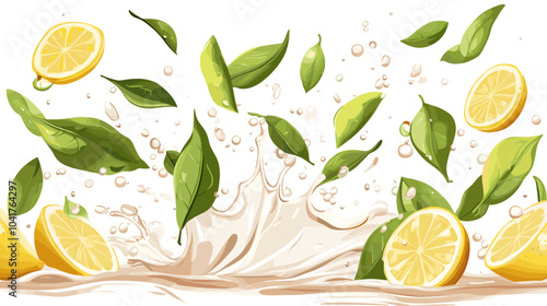 Green tea leaves with lemon slices, wave splash and drops. Isolated 3d vector herbal drink with fresh foliage cascade in transparent aqua with splashing droplets, the essence of freshness