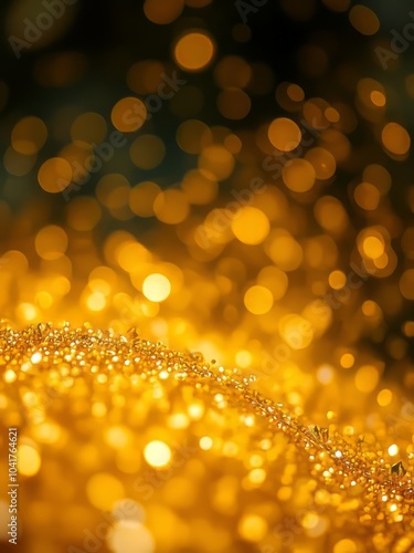 Golden glitter macro, shimmering bokeh background, warm amber light, soft focus, festive sparkles, luxury texture, dreamy atmosphere, high contrast, abstract holiday concept, magical particles, shallo photo