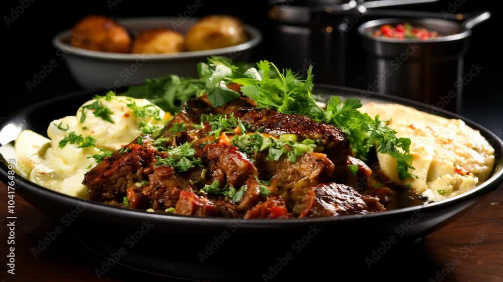 Deliciously prepared steak with mashed potatoes and herbs on a table Deliciously prepared steak with mashed potatoes and herbs on a table