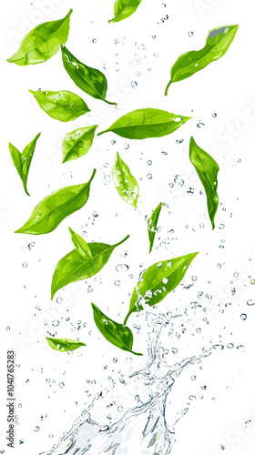 Green tea leaves, wave splash and drops. Isolated 3d vector herbal drink with fresh foliage cascade in transparent aqua with splashing droplets, encapsulating the essence of freshness and invigoration