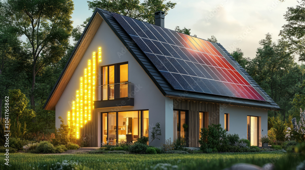 An energy-positive building with solar panels and advanced insulation, producing more energy than it consumes, shown with glowing energy efficiency indicators An energy-positive building with solar panels and advanced insulation, producing more energy than it consumes, shown with glowing energy efficiency indicators
