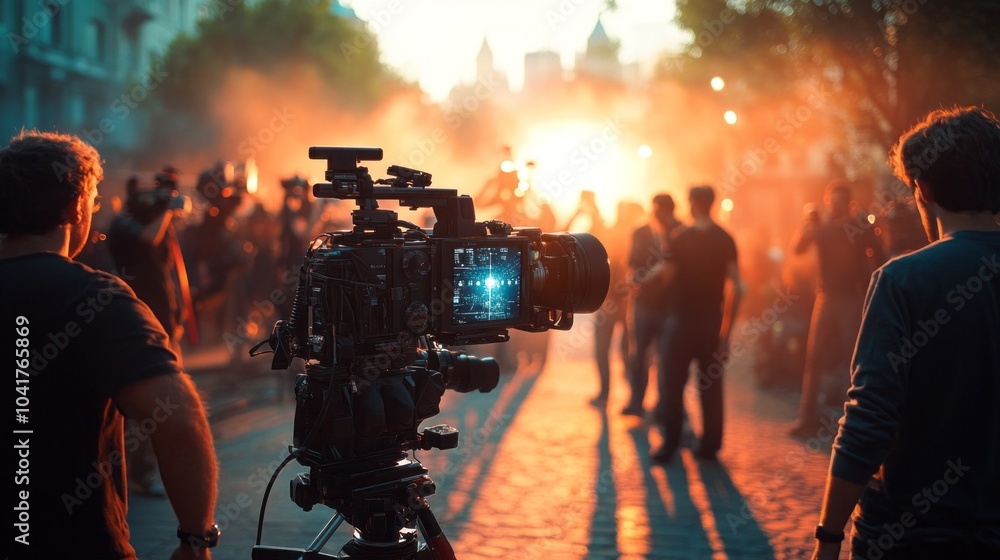 Fototapeta premium A camera is filming a crowd of people on a street