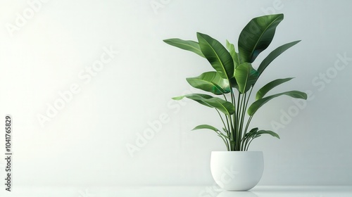 A minimalist indoor plant with lush green leaves in a white pot against a neutral background, perfect for modern home decor and relaxation.