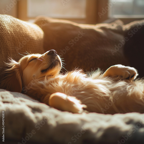 Close-up of a dog lying on its back, sleeping on a plush couch, soft sunlight highlighting its relaxed posture, peaceful and serene atmosphere, blurred background with subtle home decor