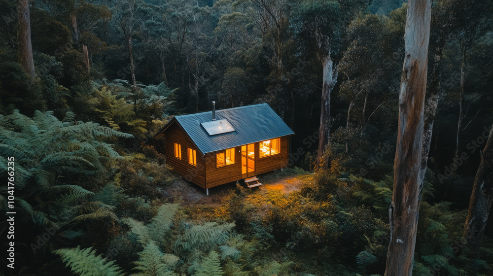 An off-grid travel experience with a small cabin nestled in the wilderness, surrounded by untouched nature and powered by renewable energy An off-grid travel experience with a small cabin nestled in the wilderness, surrounded by untouched nature and powered by renewable energy