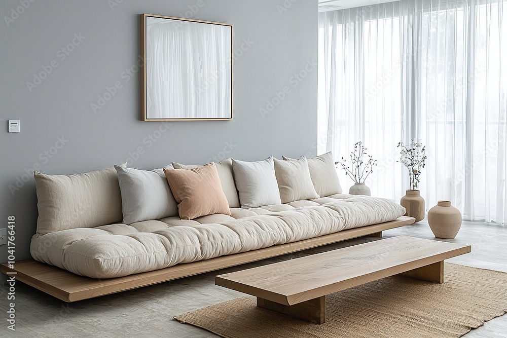 Naklejka premium Minimalist, modern Scandinavian interiors in the living room with light grey finished walls and sofas and wood tables. Generative AI 