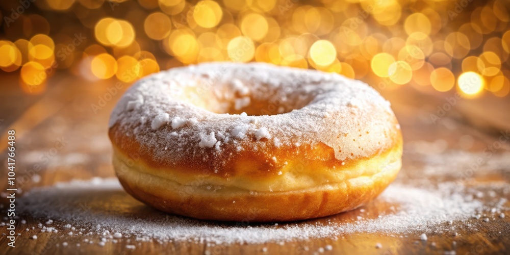 A Close-up of a Deliciously Golden-Brown Donut Covered in Powdered Sugar, with a Blurred Background of Sparkling Lights A Close-up of a Deliciously Golden-Brown Donut Covered in Powdered Sugar, with a Blurred Background of Sparkling Lights