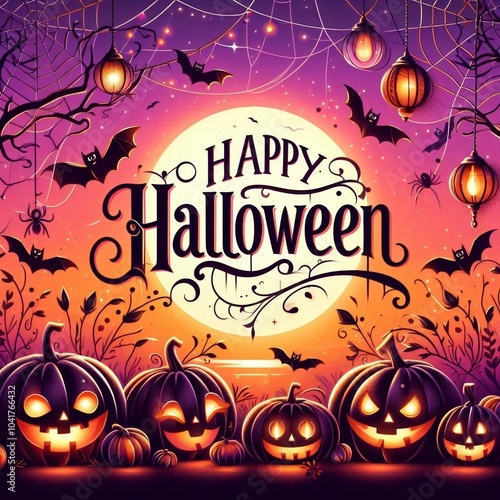 Happy Halloween background with pumpkin and bats