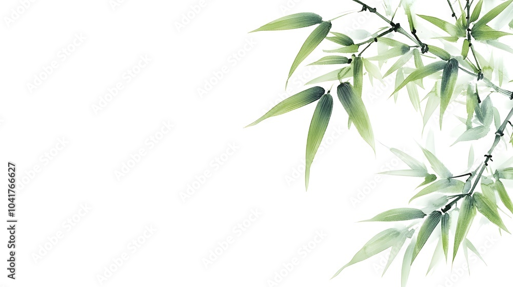 Fototapeta premium Simple Elegant Bamboo Leaves on White Background with Copyspace