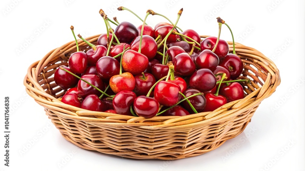 Cherry berries in wicker basket isolated on white background with drops of water, high angle view Cherry berries in wicker basket isolated on white background with drops of water, high angle view