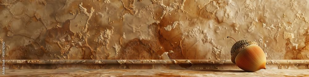 Obraz premium An earthy brown and beige abstract pattern wallpaper provides a rustic backdrop for a lone acorn rolling across the floor.