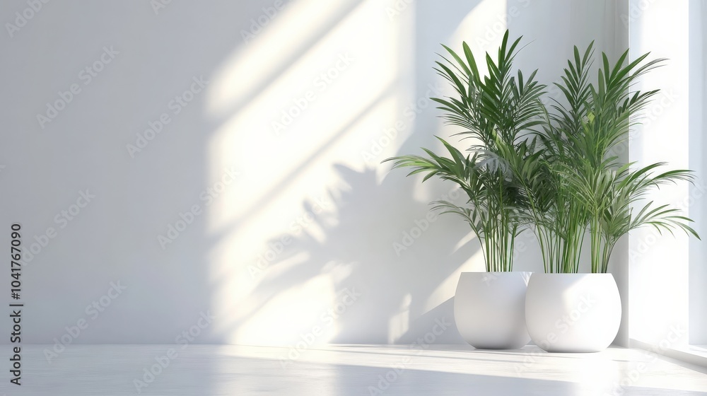 Minimalist interior with potted palm plants in sunlight. Bright, serene atmosphere perfect for home decor inspiration and calming vibes. Minimalist interior with potted palm plants in sunlight. Bright, serene atmosphere perfect for home decor inspiration and calming vibes.