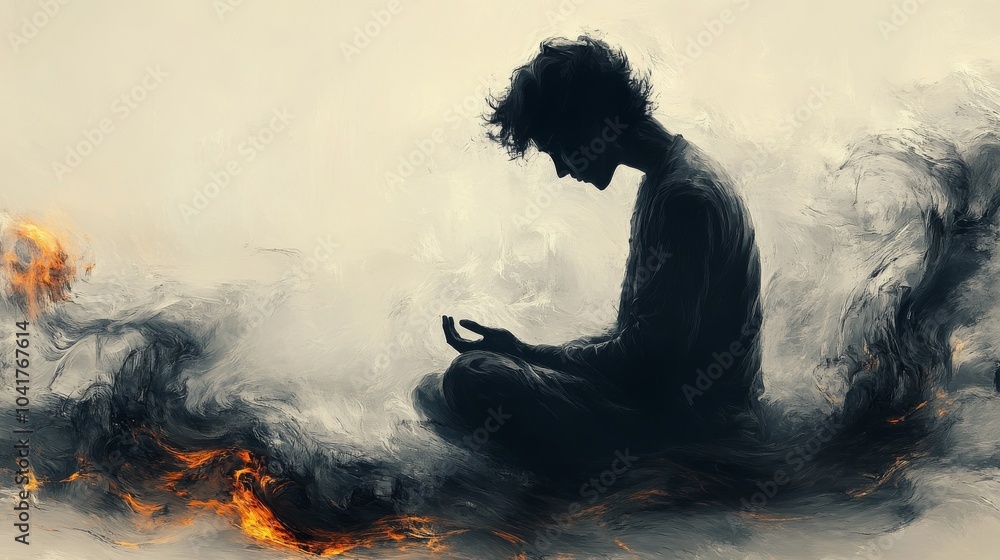 Obraz premium Silhouette of a person sitting in a meditative pose on abstract swirling painted landscape with hints of fire below