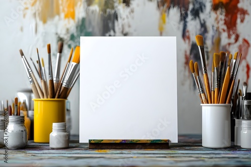 Blank white poster mockup on a colorful wall in a creative artist studio surrounded by painting supplies. 3d rendering