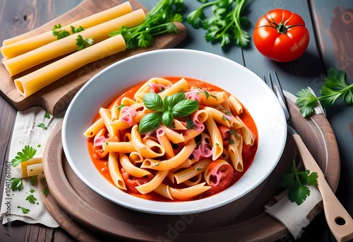 Photo of a Delicious penne pasta topped with fresh cherry tomatoes and herbs.