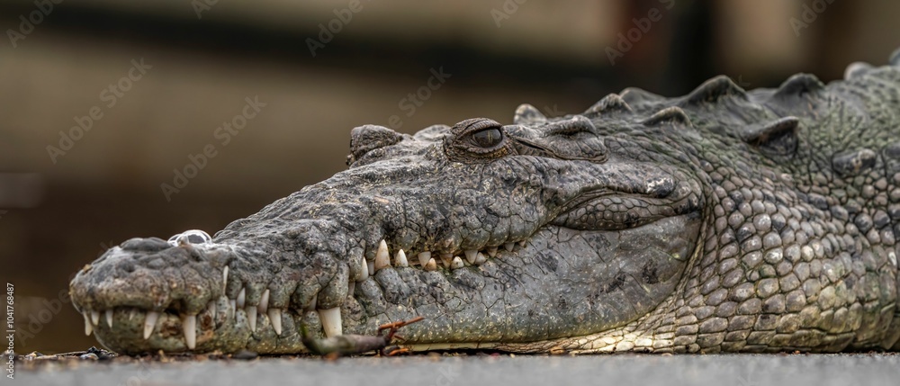 Obraz premium Close-up of a resting crocodile with detailed texture.
