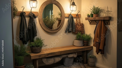 An inviting entryway with a reclaimed wood bench, hooks for coats, and rustic decor items like a vintage mirror and potted plants, all accented by soft lighting. photo