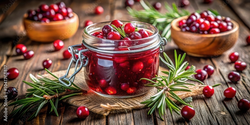 A jar of cranberry sauce with fresh cranberries and sprigs of rosemary on a rustic wooden table A jar of cranberry sauce with fresh cranberries and sprigs of rosemary on a rustic wooden table