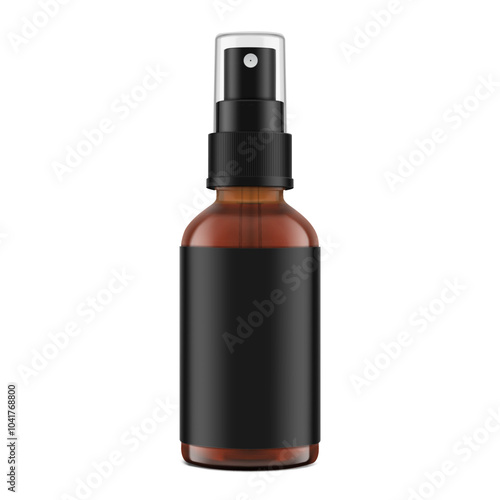 Realistic spray brown bottles mockup with black label. Vector illustration isolated on white background. Сan be used for loss sprays, cosmetic, medical, and other needs. EPS10.