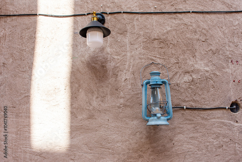 Close-up of a lantern hanging on the wall in Al Fahidi Historical District in Dubai, UAE.