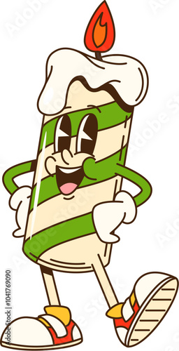 Cartoon groovy Christmas candle character with striped pattern, burning wick and arms akimbo in confident pose. Isolated vector retro lit candle with a cheerful smile and wax dripping down its sides