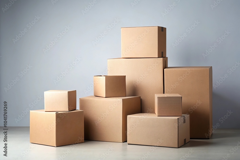 Cardboard boxes of different sizes on a light gray background with shallow depth of field Cardboard boxes of different sizes on a light gray background with shallow depth of field