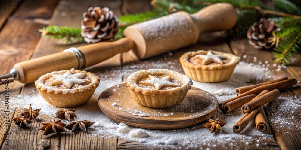 A Festive Arrangement of Mini Pies with Star-Shaped Pastry Toppings, Cinnamon Sticks, and a Dusted Rolling Pin on a Rustic Wooden Surface A Festive Arrangement of Mini Pies with Star-Shaped Pastry Toppings, Cinnamon Sticks, and a Dusted Rolling Pin on a Rustic Wooden Surface
