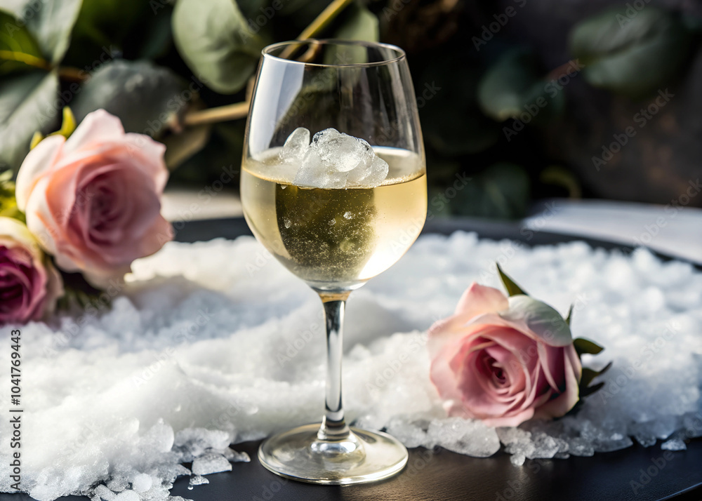 a clear glass of Frose with ice, placed on a surface with a rose and green leaves in the background a clear glass of Frose with ice, placed on a surface with a rose and green leaves in the background