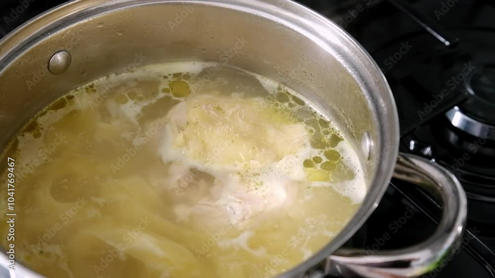 Close-up of chicken broth simmering in a metal pot. Cooking at home Close-up of chicken broth simmering in a metal pot. Cooking at home
