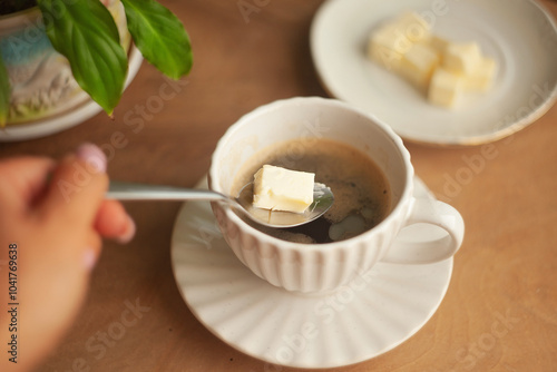 Butter coffee or bulletproof coffee, a high-calorie, high-fat drink free from carbohydrates to start the day; a woman's hand adding a spoonful of butter to a cup of coffee photo