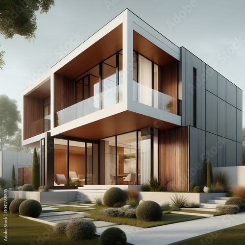 Modern Luxury House with Large Windows and Beautiful Garden at Sunset – Contemporary Home Exterior Design photo