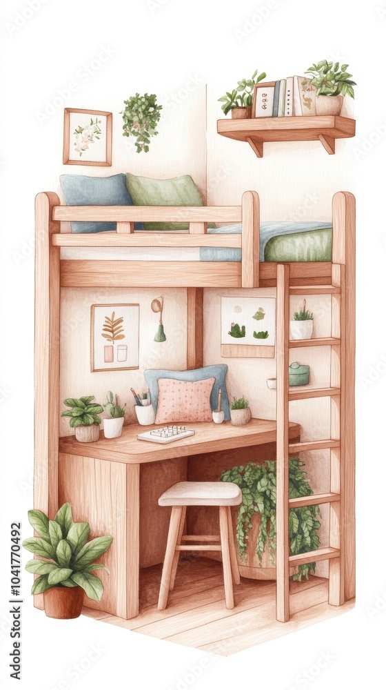 Cozy and inviting workspace with a lofted bed, wooden desk, and greenery on display, ideal for productivity and relaxation. Cozy and inviting workspace with a lofted bed, wooden desk, and greenery on display, ideal for productivity and relaxation.
