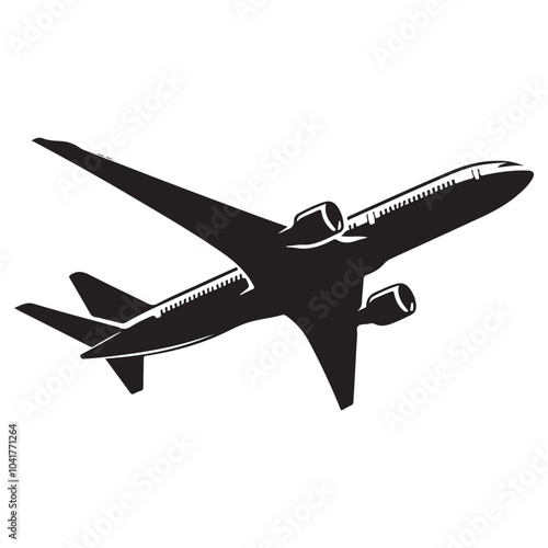 Black Airplane Silhouette on a Plain White Background.