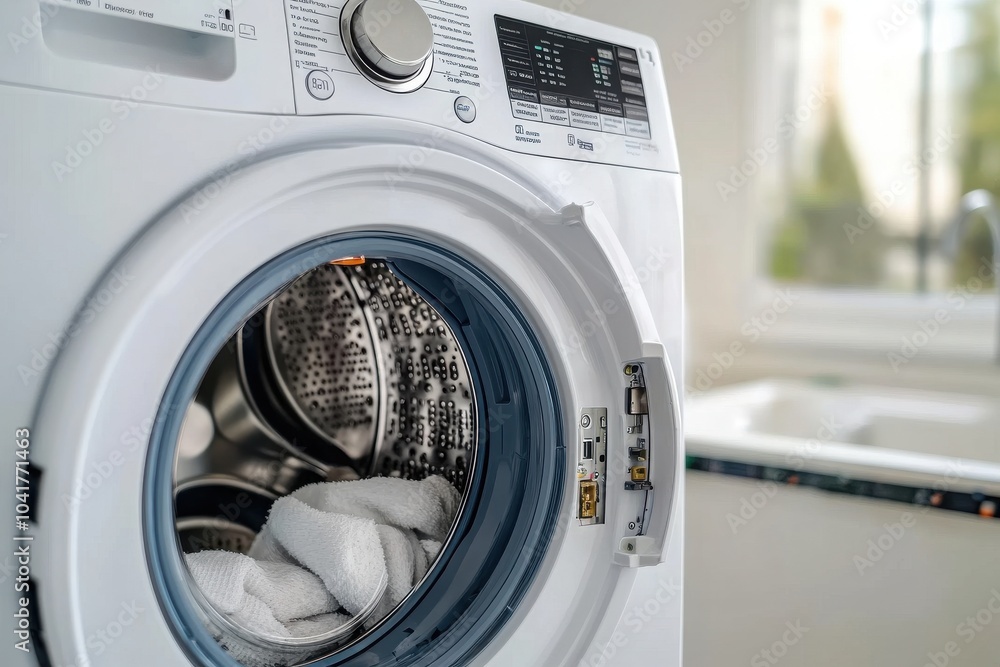 Close-up of a modern washing machine showcasing clean laundry inside, perfect for illustrating home appliance or cleanliness themes. Close-up of a modern washing machine showcasing clean laundry inside, perfect for illustrating home appliance or cleanliness themes.