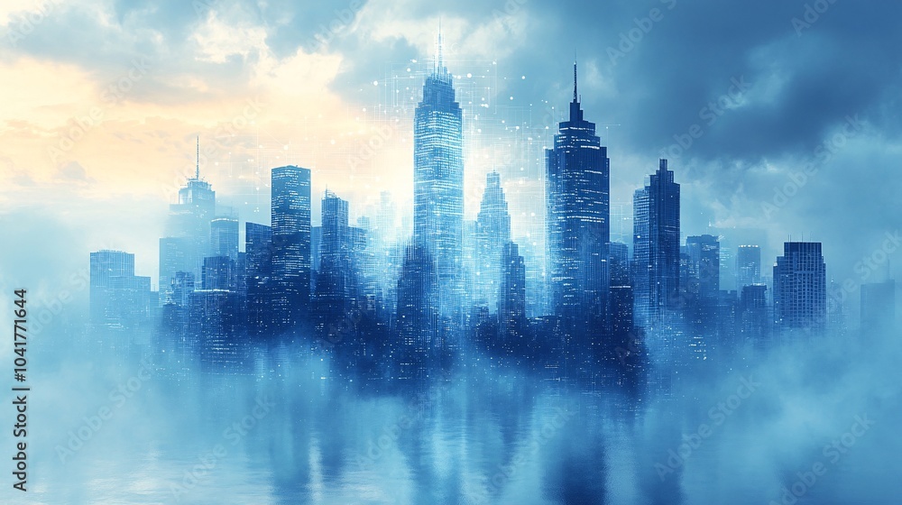 Obraz premium Digital Blueprint of a Corporate City Skyline