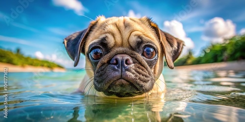 Adorable Pug Puppy's Fearful Swim on Koh Kood Beach, Thailand